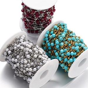 Three rolls of multifaceted natural stone bead chains with stainless steel links for DIY jewelry
