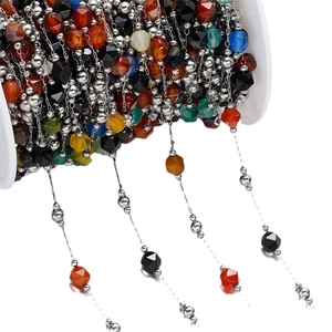 Colorful faceted stone and stainless steel bead chain on a spool for DIY jewelry