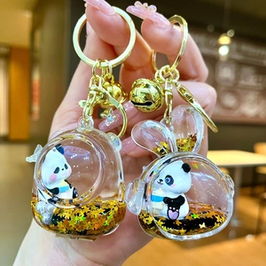 Cute panda liquid quicksand keychain set with golden stars and bell charm pendants