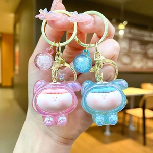 Mini Cartoon Figure Resin Keychain Iridescent Glitter Quicksand Ball Pendant Gold Alloy Keyring Bag Accessory For Kids Gift