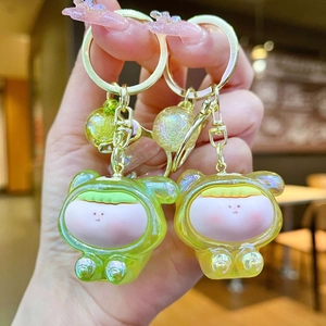 Close-up of cute acrylic doll keychains with laser finish and colorful bubble beads