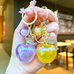 Creative rainbow apple keychains with iridescent finish and rhinestone leaves