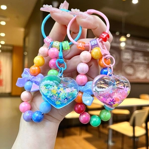 Creative Gradient Beaded Heart Quicksand Keychain Acrylic Bag Pendant With Bow And Alphabet Beads For Women Girls Gift