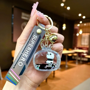 Acrylic liquid panda keychain with floating glitter and grey superhero silicone wristband