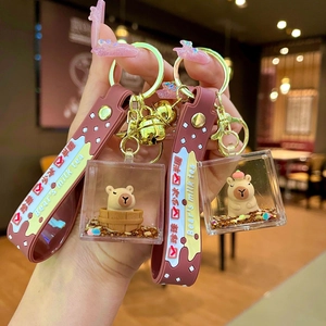 Creative Capybara Liquid Quicksand Keychain Cartoon Water Filled Acrylic Cube Pendant With Silicone Strap For Bag Decoration
