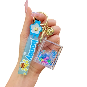 Cute sky blue honey bee keychain with acrylic quicksand charm and wrist strap set