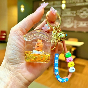 Cute Capybara liquid glitter keychain with golden bell and pink silicone wrist strap