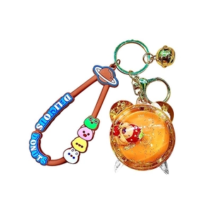 Cute Capybara liquid quicksand keychain with brown silicone strap and gold bell charm