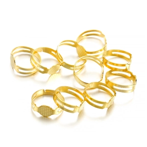 Detailed view of adjustable gold plated ring base with textured flat round bezel tray