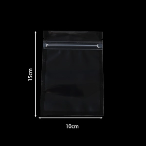 Detail view of a 10x15cm black matte PVC jewelry pouch with a secure zip-lock seal
