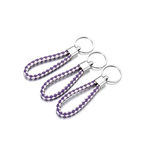 Three-piece set of purple and white woven PU leather keychains with silver metal rings