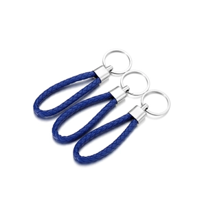 Three-piece set of blue woven leather keychains with polished silver metal rings