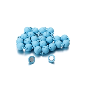 Close-up of light blue round magnetic jewelry clasps for DIY necklaces and bracelets