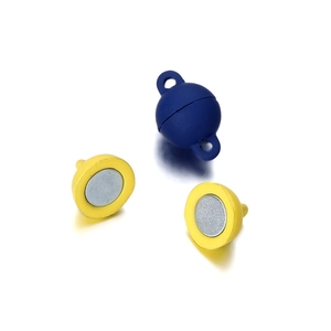Magnetic clasps for DIY jewelry making with closed blue and open yellow spherical designs