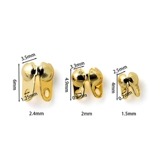 18K gold plated ball chain crimp covers in three sizes with detailed measurements