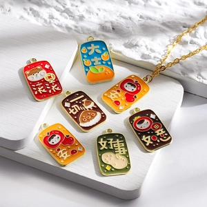 Lucky alloy enamel charm necklace set with traditional Chinese blessing inscriptions