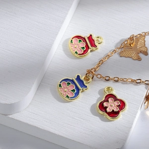 DIY Chinese lucky charms alloy enamel pendants with floral pattern and golden butterfly chain