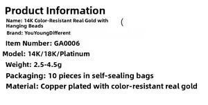 Detailed specifications for 18K gold plated copper beads with sizing and material info