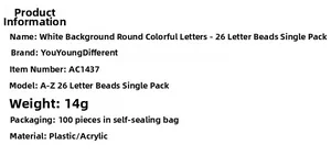 Detailed specification list for colorful acrylic round alphabet beads for jewelry making