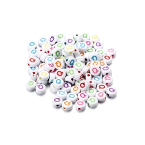 Detailed close-up of colorful letter Q acrylic round beads for DIY jewelry making