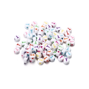 Flat round white acrylic beads with colorful letter T print for DIY jewelry making