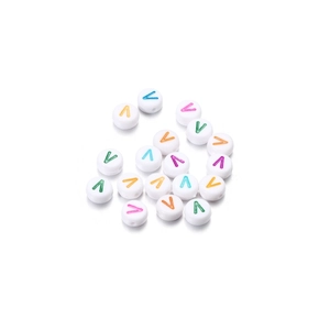 Macro view of white acrylic round beads with colorful printed letter V for DIY jewelry