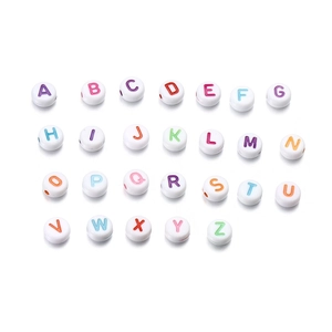 White acrylic round flat alphabet beads with colorful A-Z letters for DIY jewelry making