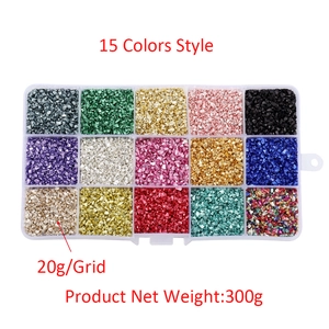 Draufsicht auf 15-farbiges Glassplitter-Set in 300g Box für DIY-Bastelarbeiten und Deko