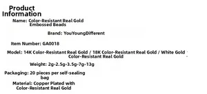 Specifications of copper gold plated beads including 18K gold and white gold options