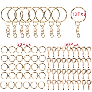 Kit porte-clés DIY doré avec 10 anneaux, 50 anneaux ouverts et 50 vis à œil doré