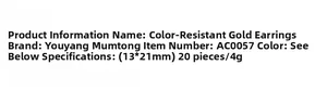 Specifications of gold plated earring hooks, 13x21mm size, 20 pieces per pack detail