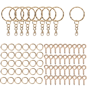 Détail du kit porte-clés en métal doré avec anneaux et tiges à œil pour bijoux DIY