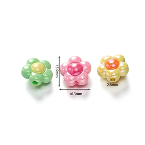 Macro detail of iridescent acrylic flower beads with size dimensions for DIY jewelry