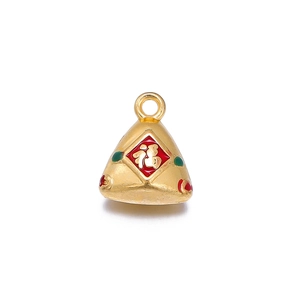 Macro view of golden Dragon Boat Festival Zongzi pendant with Fu character and enamel finish