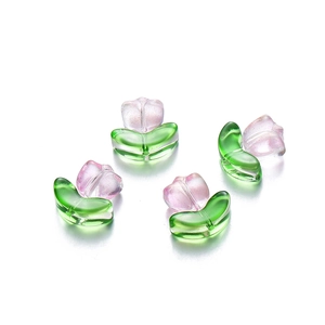 Pink and green tulip-shaped glass beads with through-holes for DIY jewelry making
