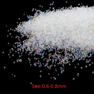 Close-up of 0.6-0.8mm iridescent transparent glass microbeads for nail art DIY