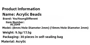 Gedetailleerde specs voor 8-10mm acrylkralen met 2mm gat voor DIY sieraden maken