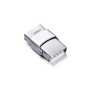 Close-up of a polished stainless steel double push-button folding watch clasp buckle