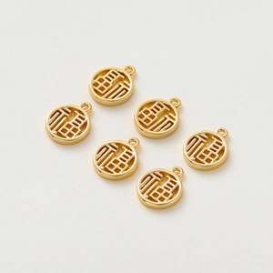 Set of six round hollow 18K gold plated Fu charms for DIY jewelry making