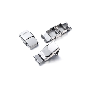 Polished stainless steel watch folding clasp shown in closed and open mechanism views