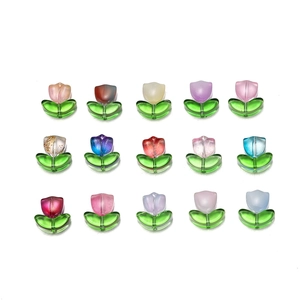 Macro view of fifteen colorful glass tulip beads for DIY jewelry and necklace crafting