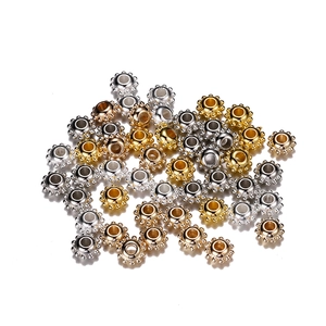 Macro detail of three-color CCB spacer beads with central holes for DIY jewelry