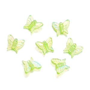 Close-up of 13mm light green acrylic butterfly beads with aurora iridescent coating