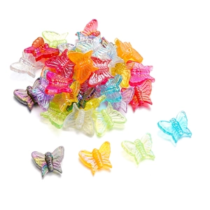 Macro detail of 13mm colorful acrylic butterfly beads with iridescent finish for DIY
