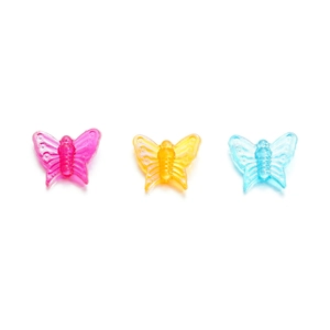Detail of 13mm translucent acrylic butterfly beads in pink, yellow and blue colors