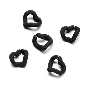Five matte black heart-shaped acrylic links for DIY jewelry making on white background