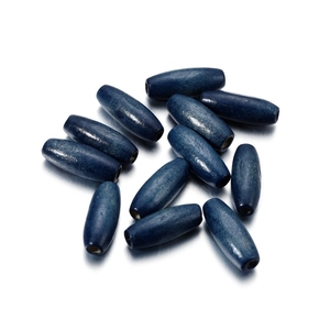 Macro shot of dark blue oval maple wood beads with fine natural wood grain and pre-drilled holes