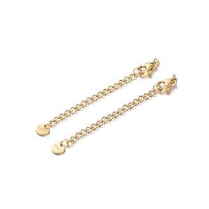 Detail of 7cm gold stainless steel extension chains with lobster clasps and S.steel tags