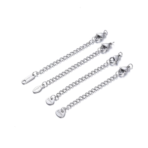 Detail of 7cm stainless steel extension chains with lobster clasps and diverse charm tags