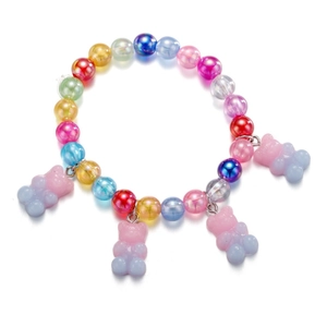 Colorful beaded bracelet featuring four gradient resin gummy bear charms with metal clasp